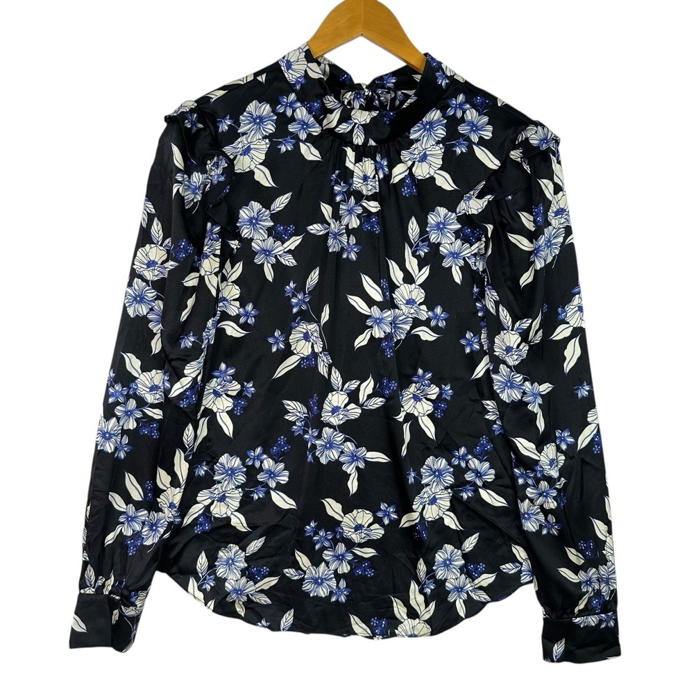 Veronica Beard Silk Floral Blouse Womens 6 Black Blue Ruffle Neck Long Sleeve